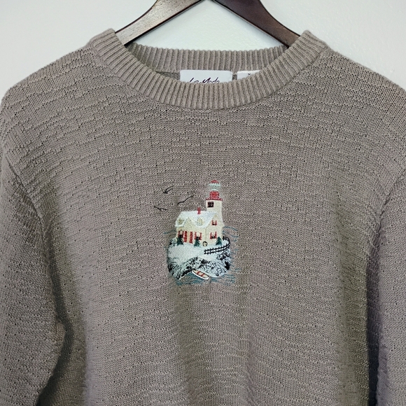 Vintage Le Moda Maine Lighthouse Embroidered Sweater Medium Fisherman Grandma - Picture 3 of 12